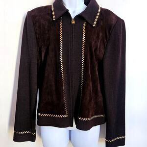 St. John Collection By Marie Jacket Size 14 Chocolate Brown Knit Suede Gold Trim